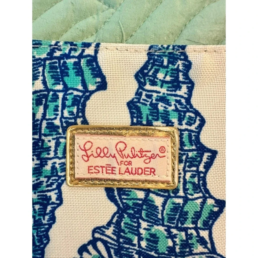 Lilly Pulitzer Estee Lauder Canvas Tote Bag Blue Teal Seashell‎ Print Beach Bag